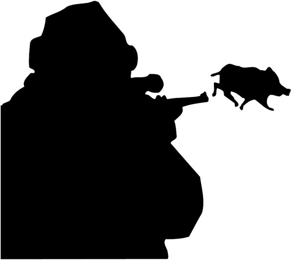 Hunter shooting at wild boar in silhouette vinyl sticker. Customize on line. Hunting 054-0132